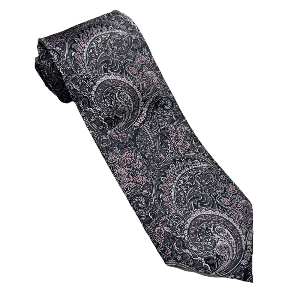 Pronto Uomo Couture Tie Mens OS Grey Pink Paisley Silk‎ Formal Wedding Dapper
